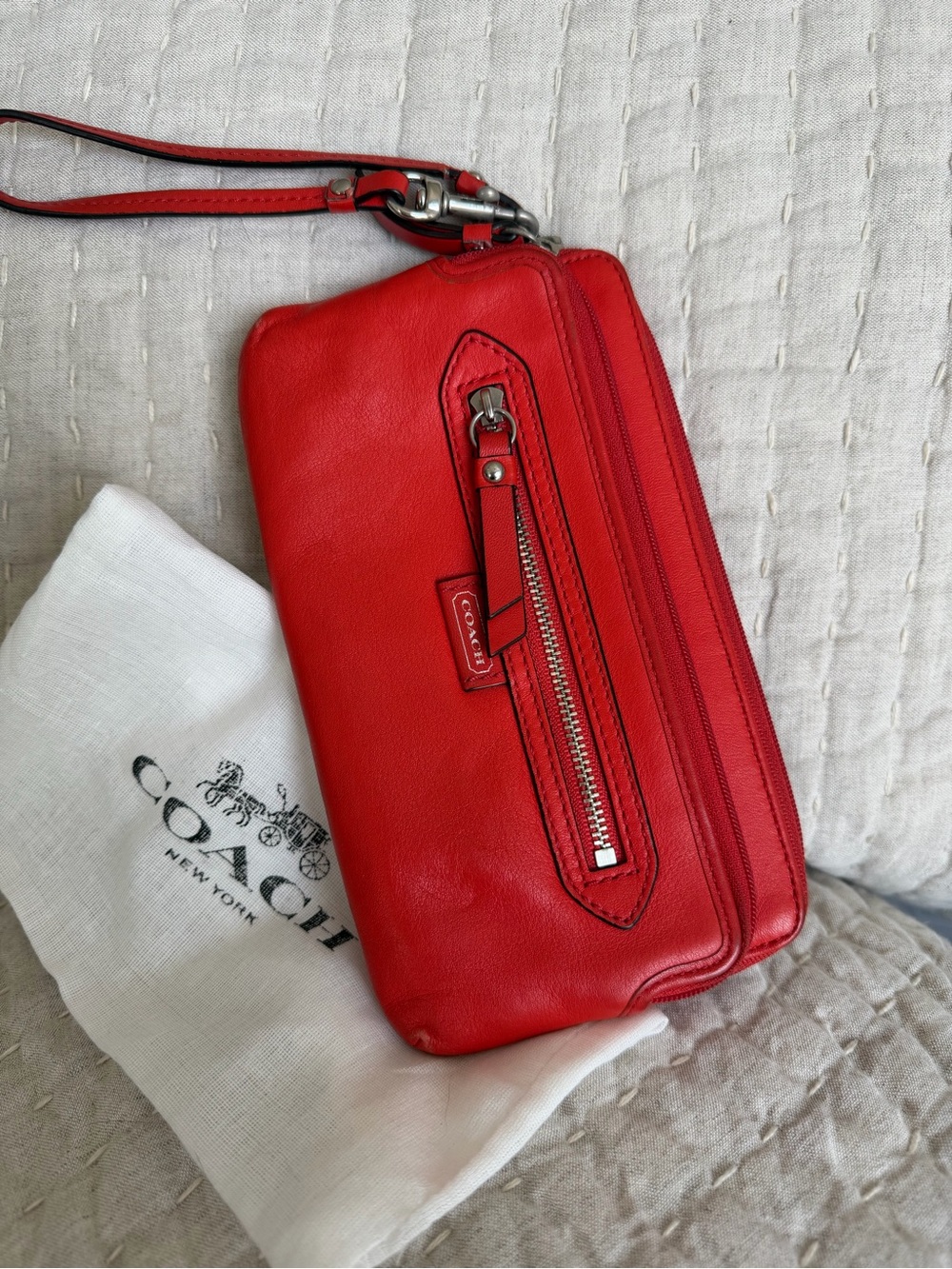 Coach Red/Orange Trie Zip Leather Wristlet Clutch